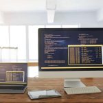 Front view background image of two computers with programming code on screen in minimal home office interior with wooden accents, copy space